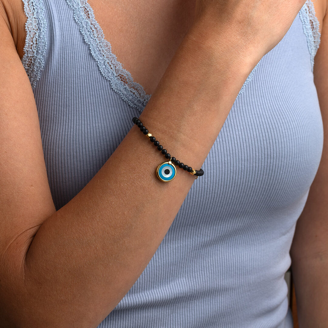 Black Onyx Bracelet with Evil Eye - Silver and Gold Plated
