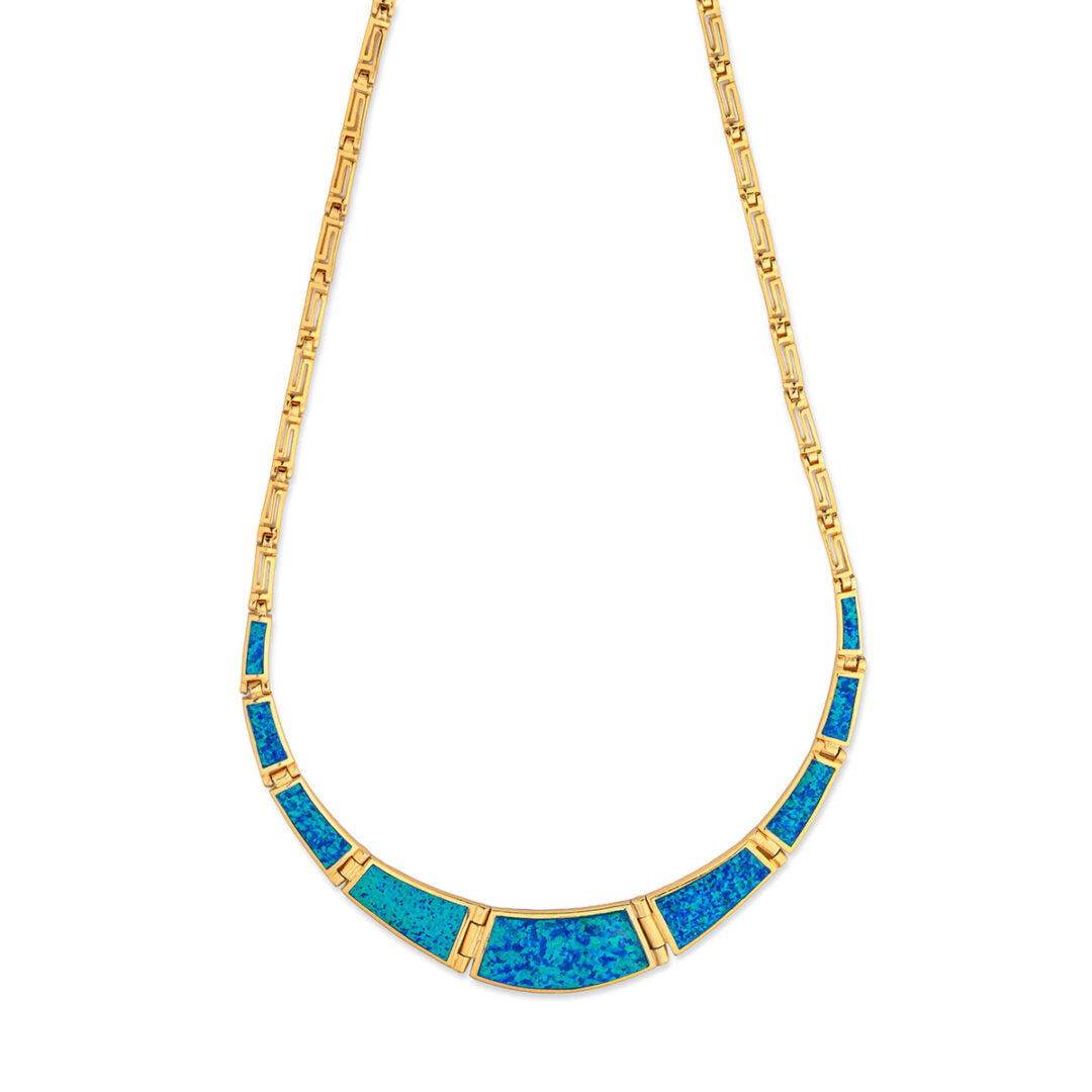 Blue Opal Greek Key Necklace - Sterling Silver and Gold Plated