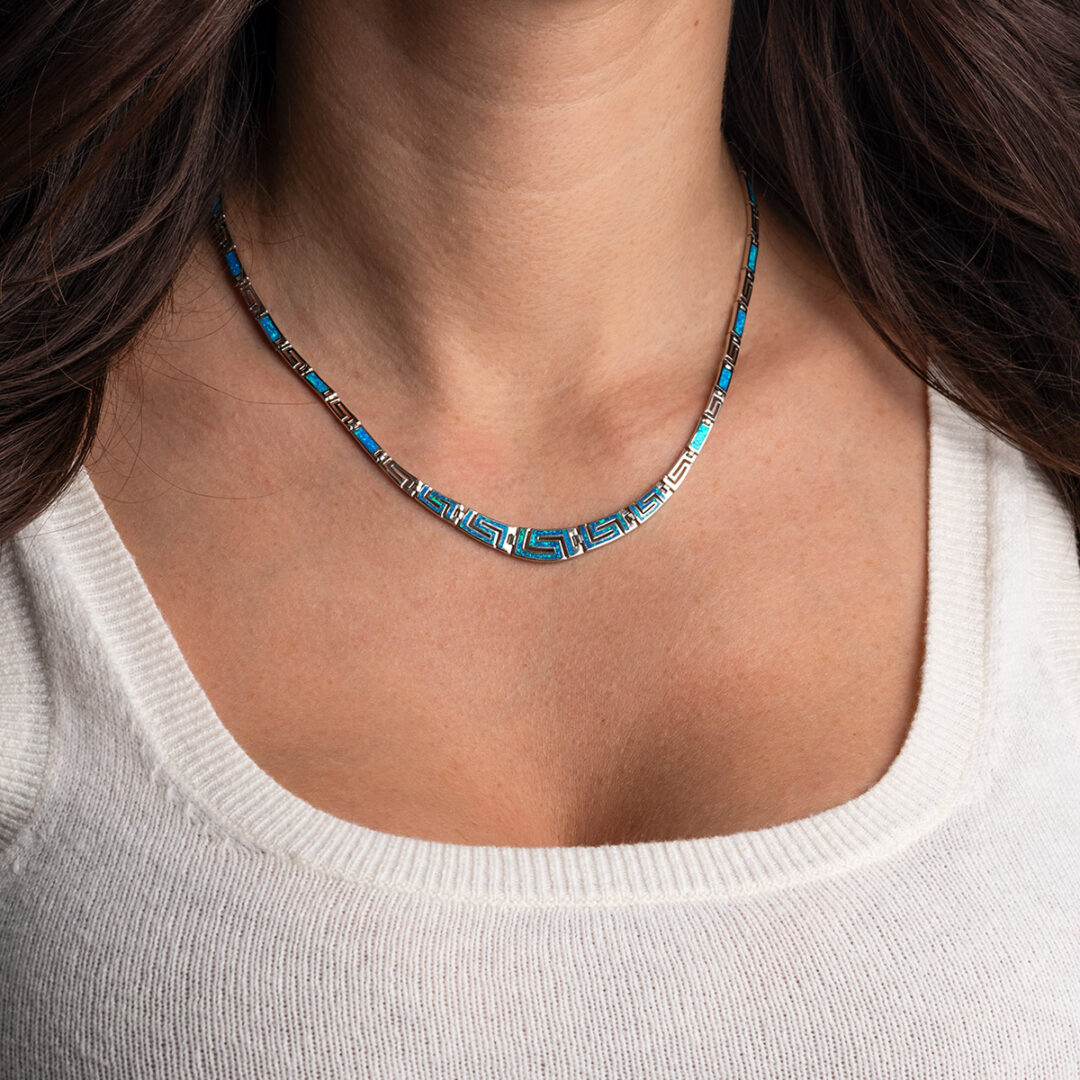 Greek Meander Opal Silver Necklace