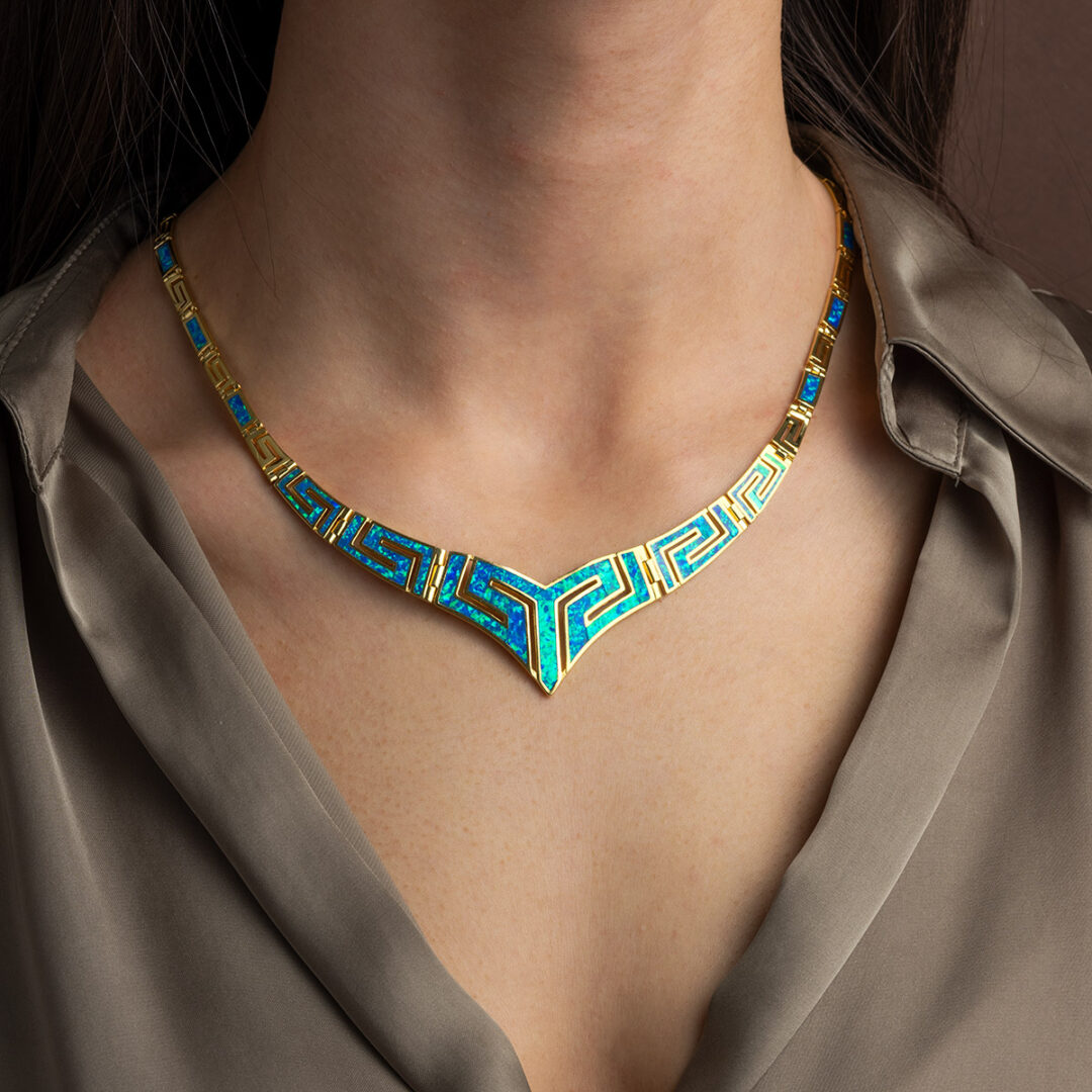 Greek Key Necklace with Blue Opal - Sterling Silver — White