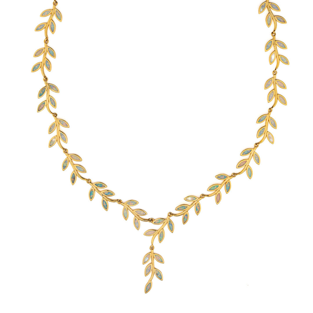 Opal Olive Tree Branch Leaf Necklace — White