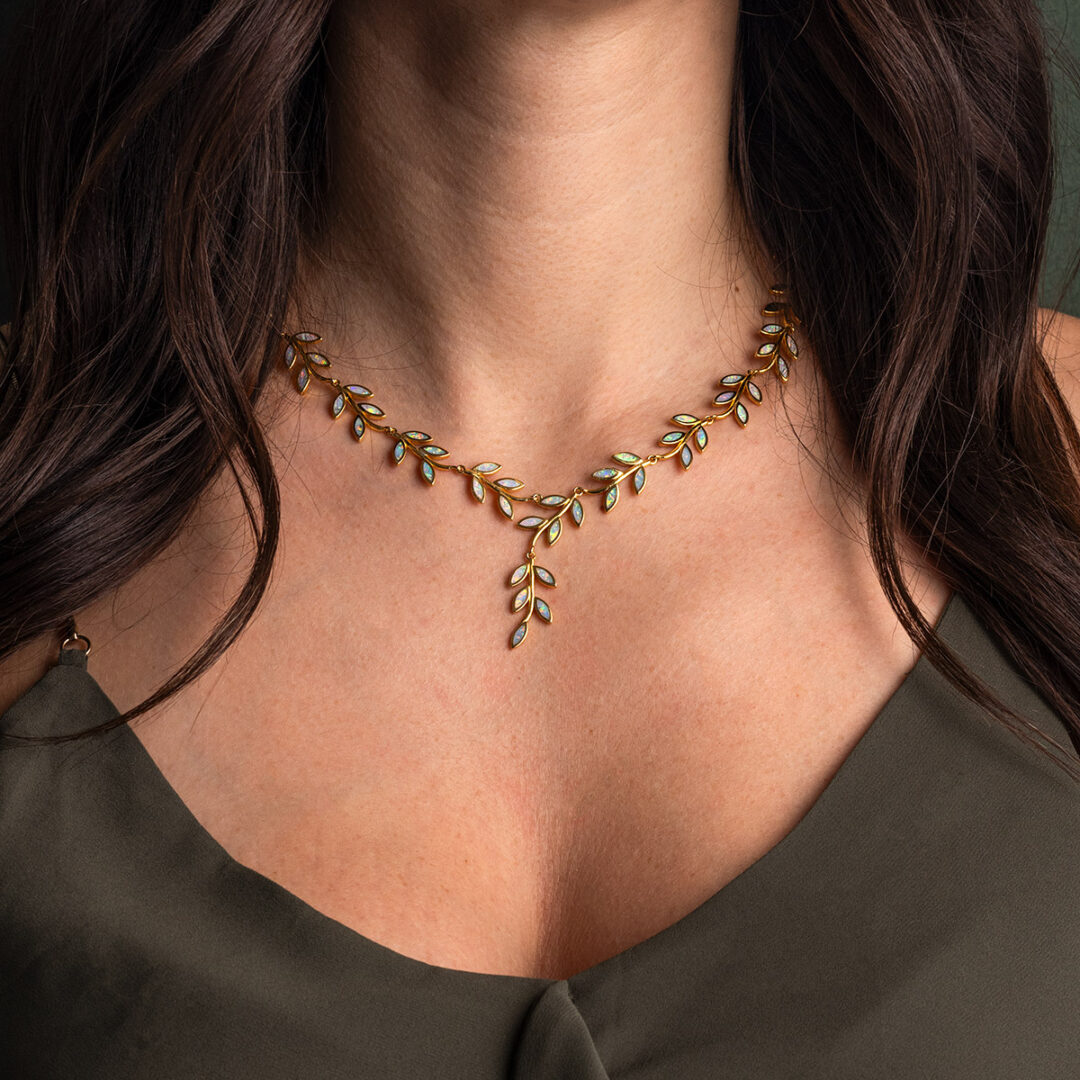 Opal Olive Tree Branch Leaf Necklace — Blue