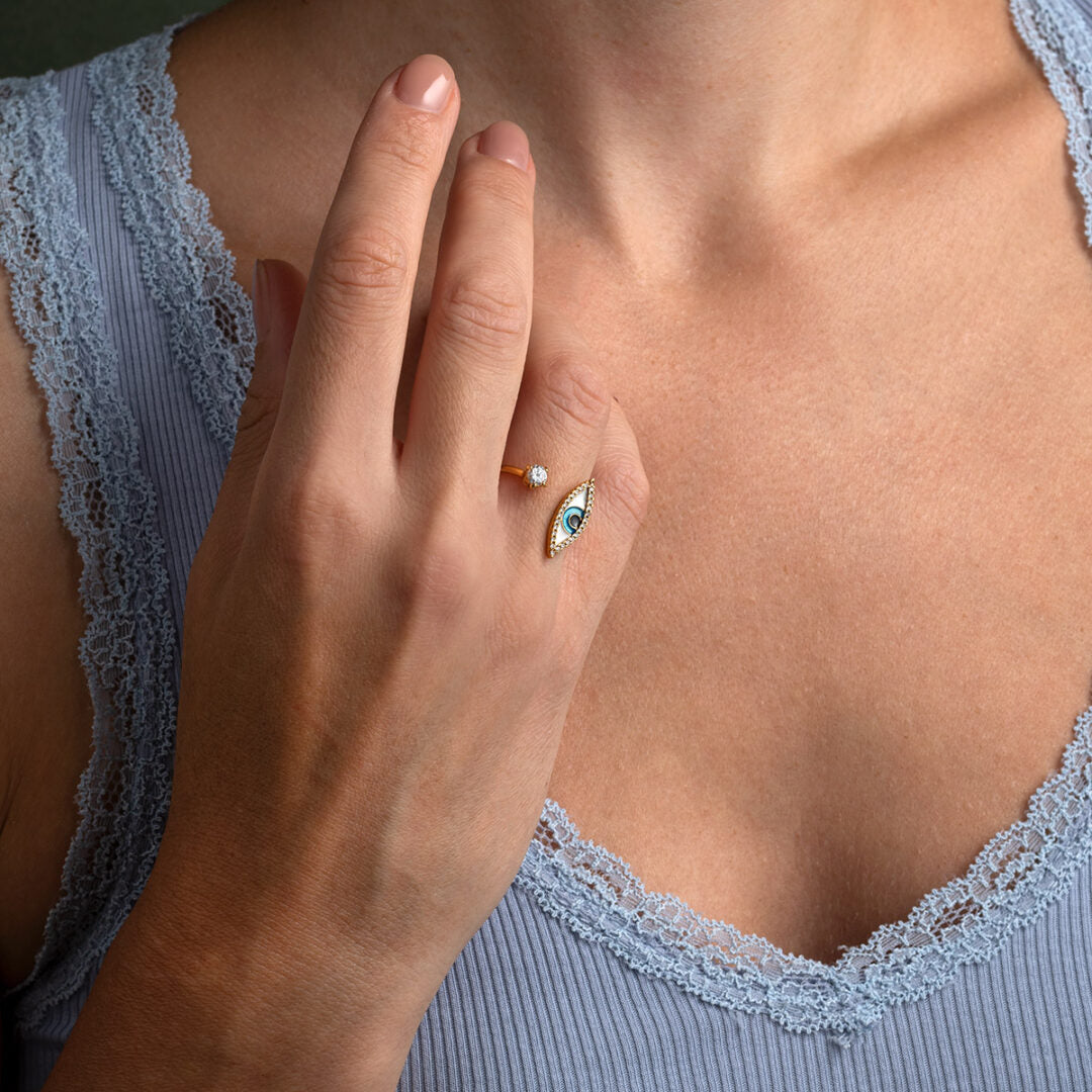 Evil Eye Ring with enamel - Sterling Silver & Gold Plated