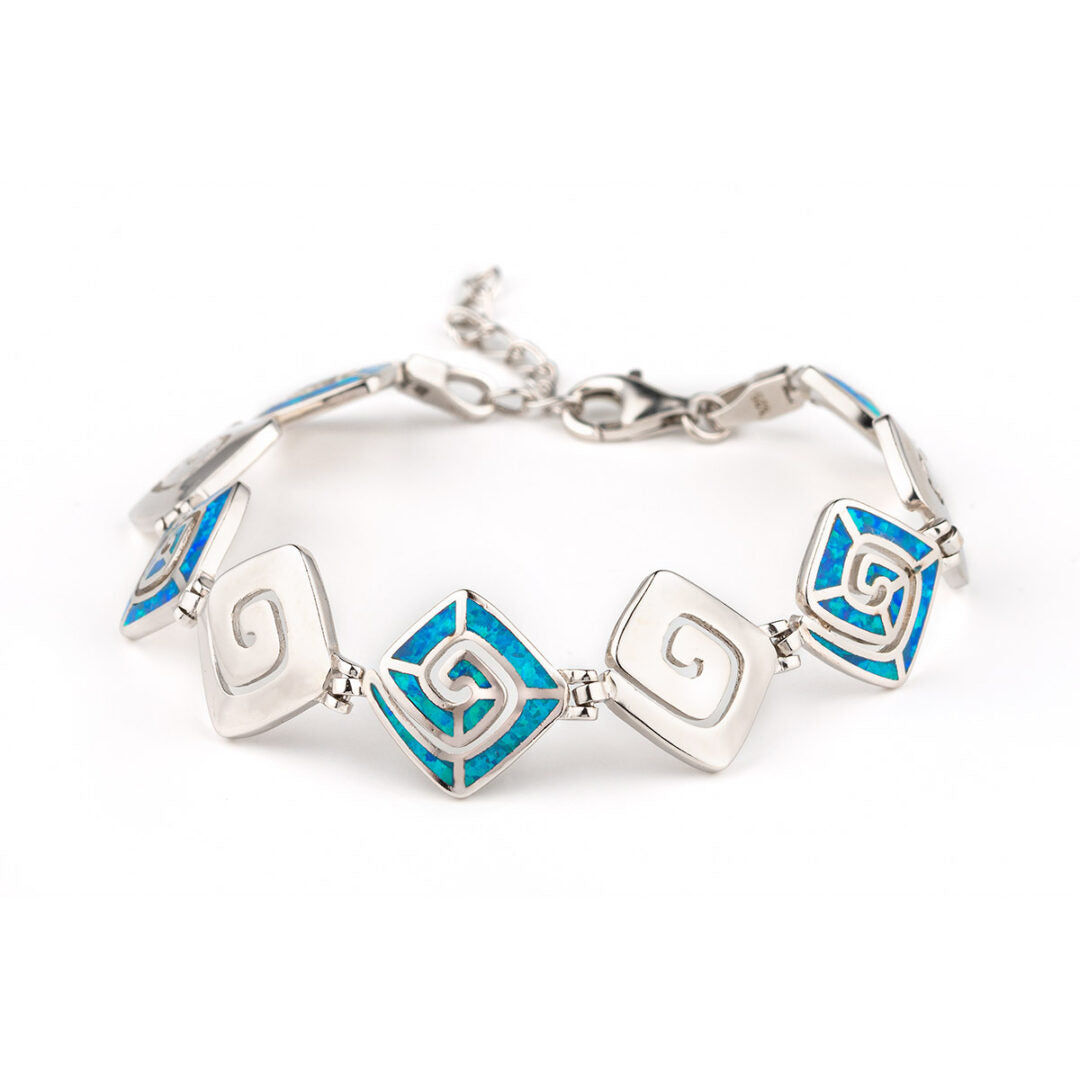 Greek Key Meander Blue Opal Bracelet – 925 Sterling Silver