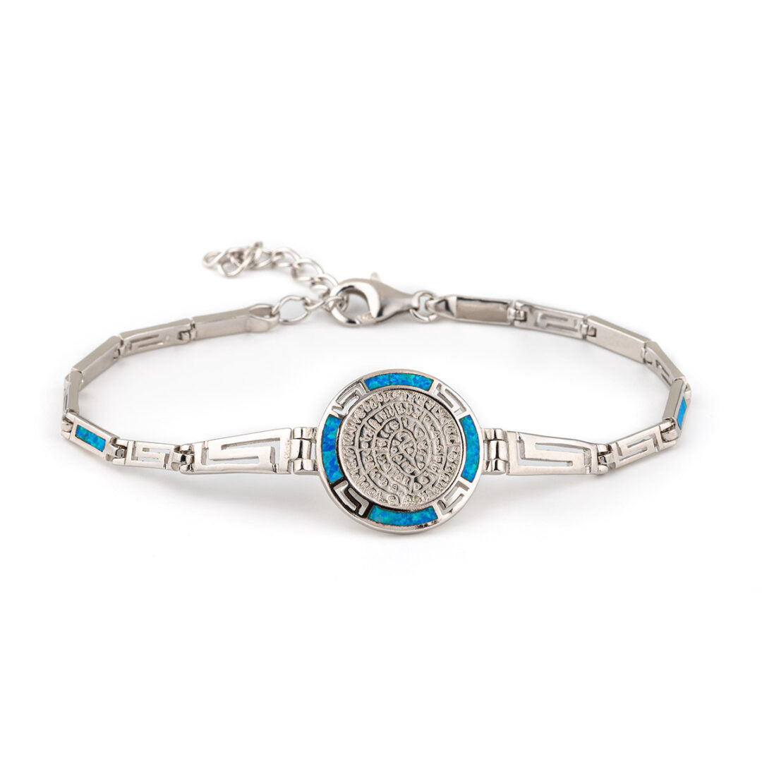 Phaistos Disc Link Bracelet with Meander - 925 Sterling Silver with Blue Opal