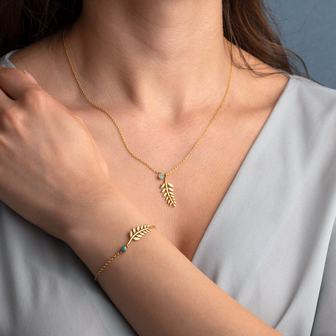 Sterling Silver Chain Fern Necklace with Turquoise