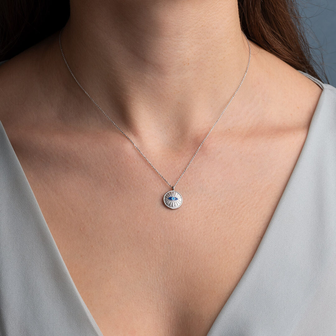 Sterling Silver Plated Chain Necklace With Enamel Evil Eye