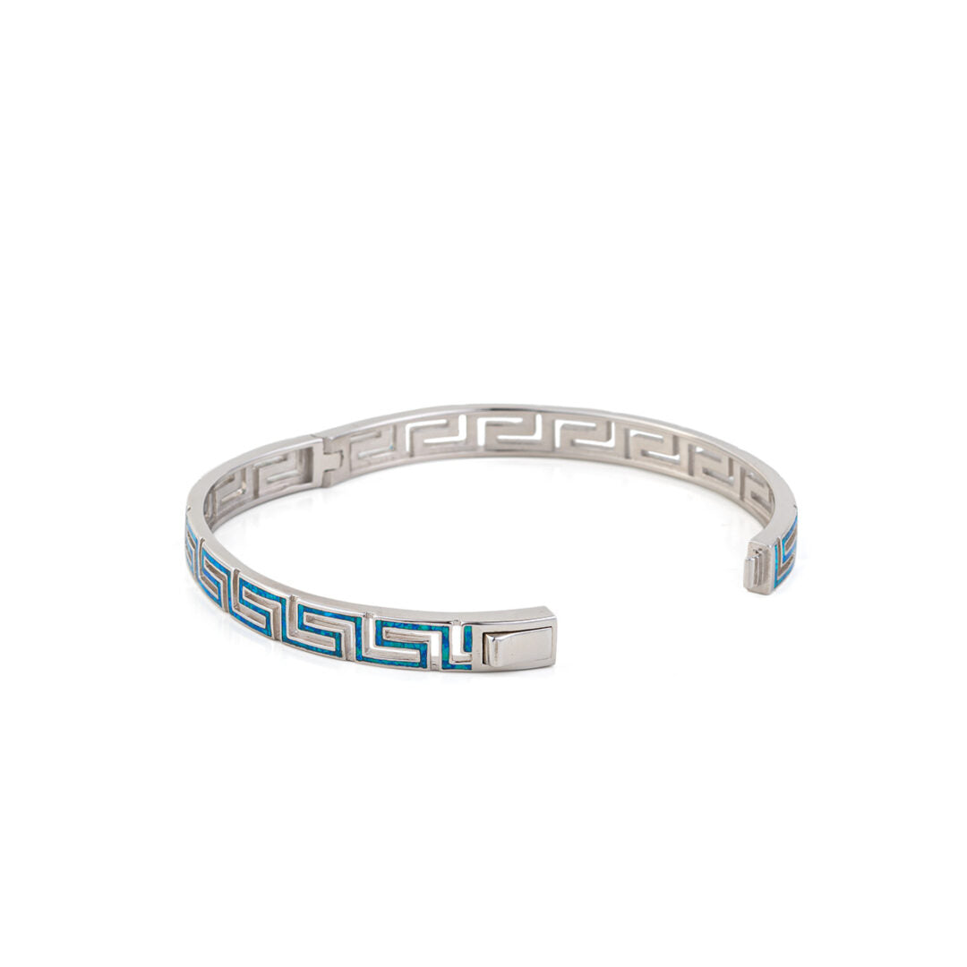 Greca Bangle Bracelet with Blue Opal stone - 925 Sterling Silver