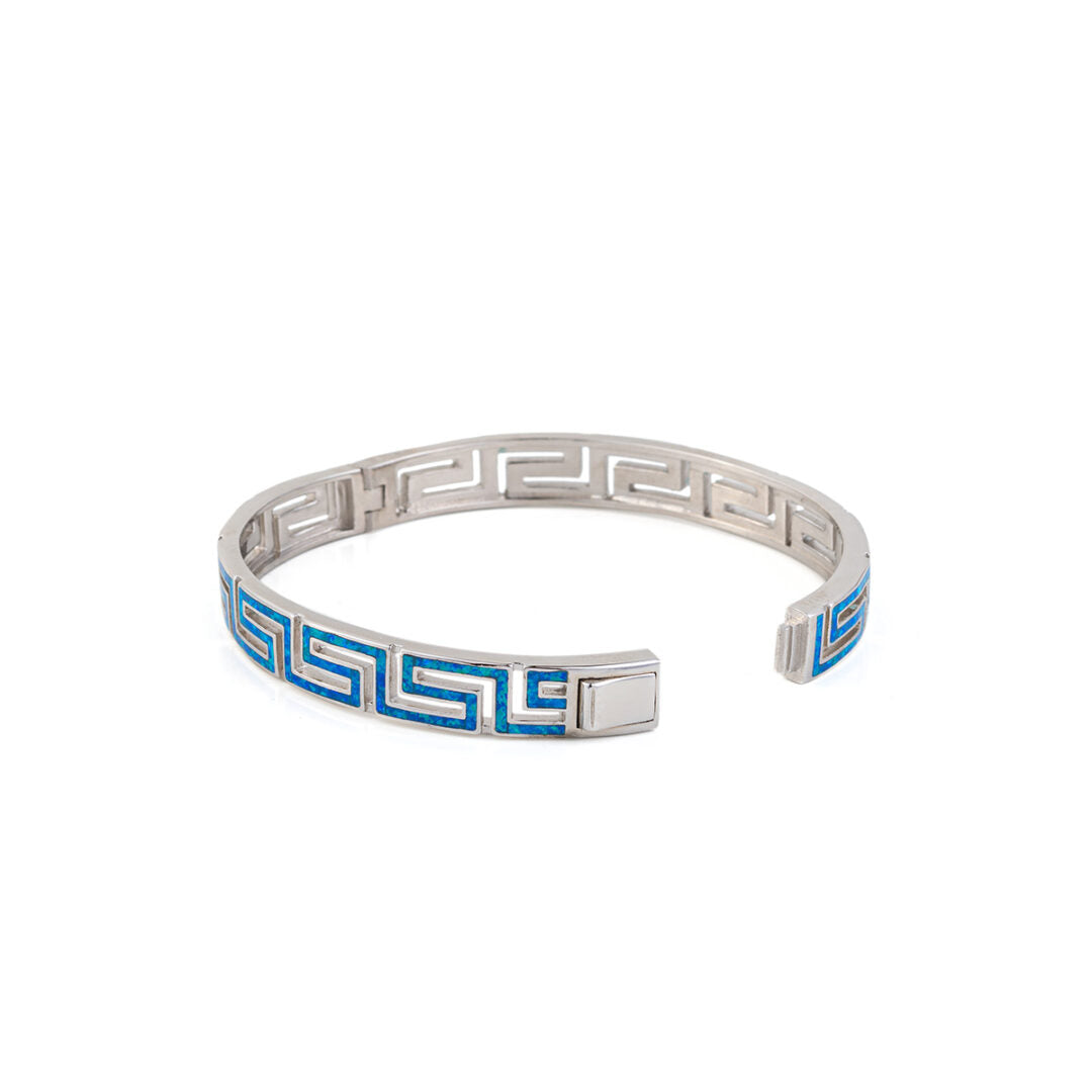 Greca Bangle Bracelet with Blue Opal stone - 925 Sterling Silver