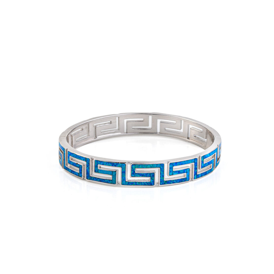 Greca Bangle Bracelet with Blue Opal stone - 925 Sterling Silver