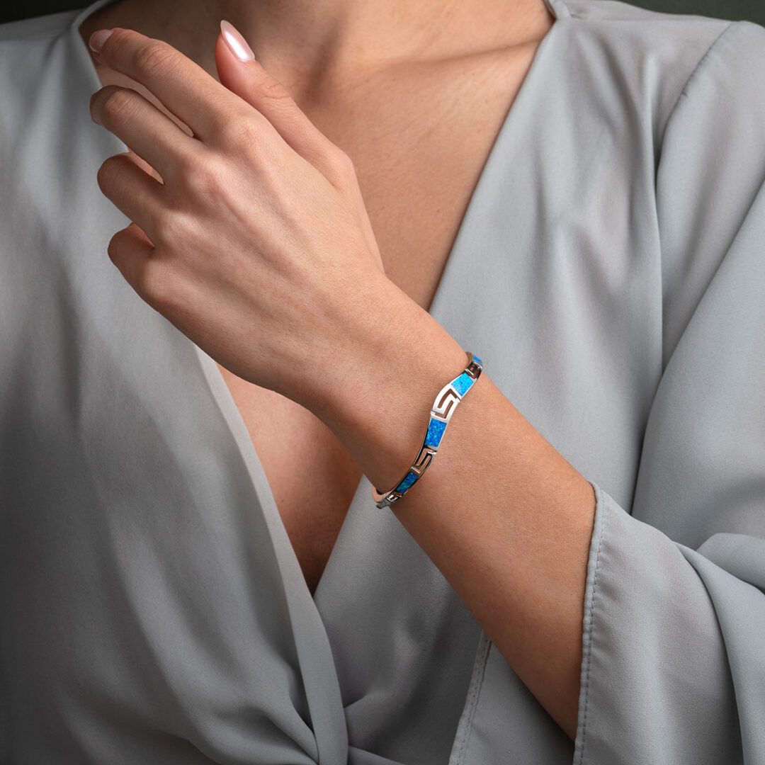 Meander Opal Bangle Bracelet - 925 Sterling Silver