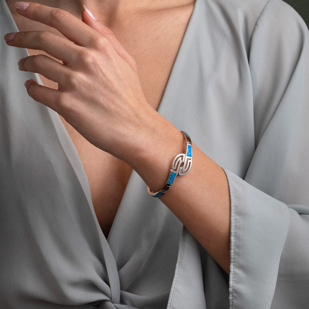 Double Meander Opal Bangle Bracelet - 925 Sterling Silver