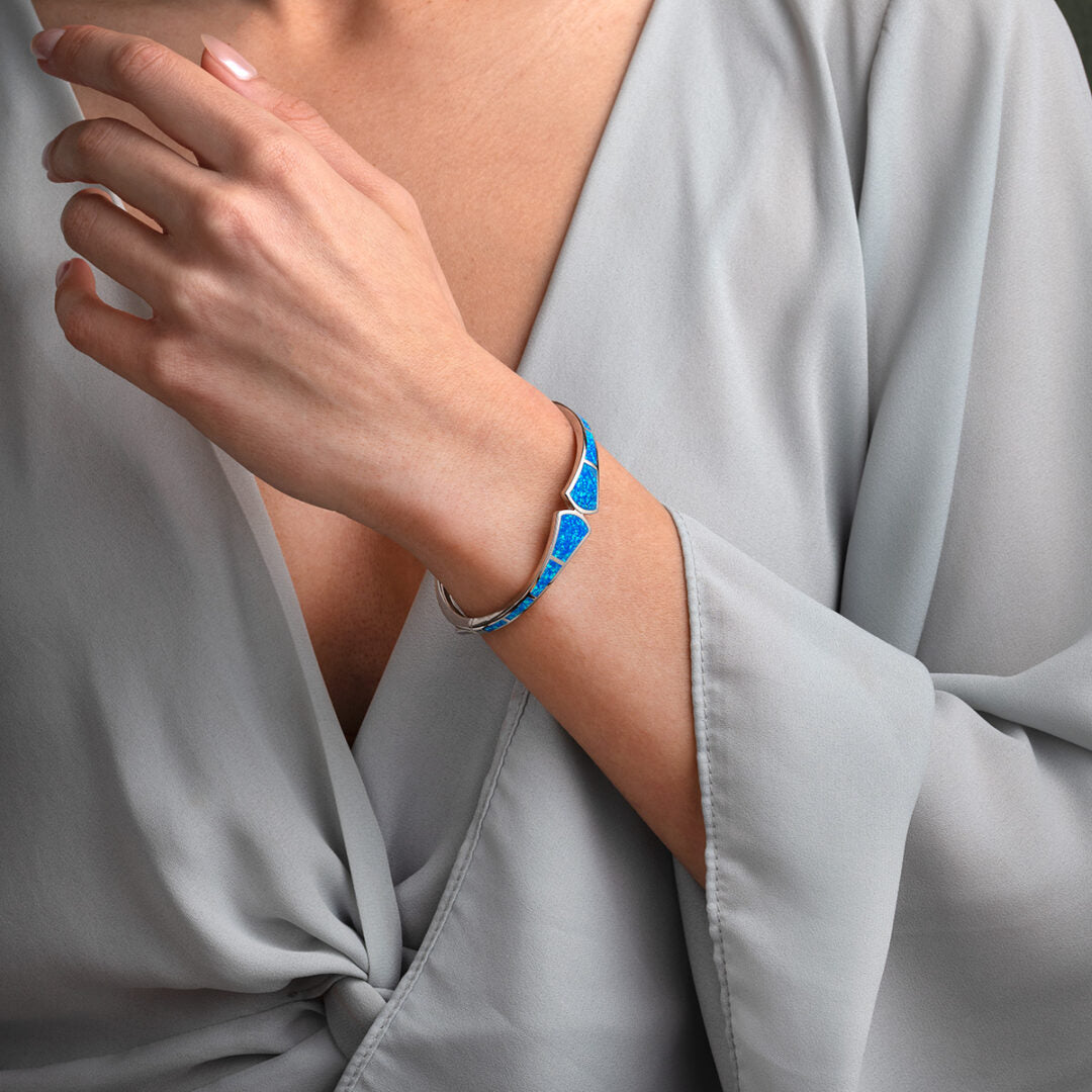 925 Sterling Silver - Blue Opal Bangle Bracelet