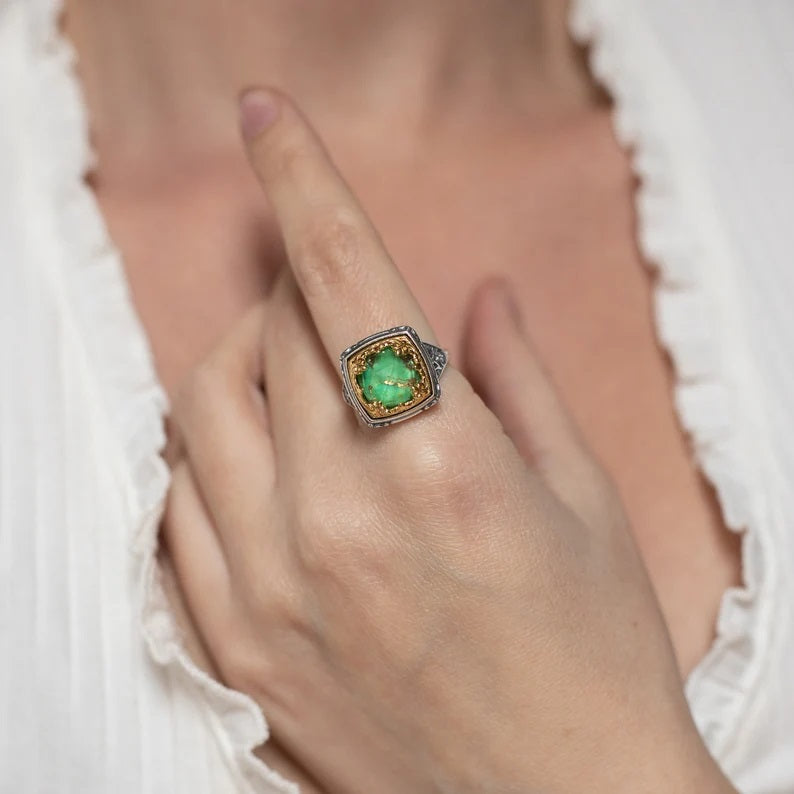 Βυζαντινό Δαχτυλίδι με Green Copper - Επιχρυσωμένο Ασήμι 925