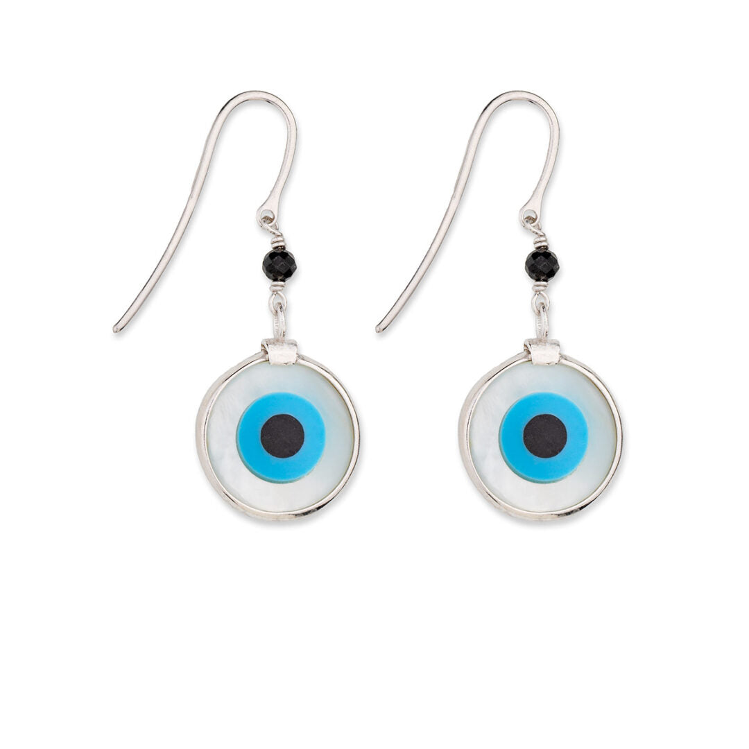 Sterling Silver Hook Earrings with Mother of Pearl Evil Eye — Black