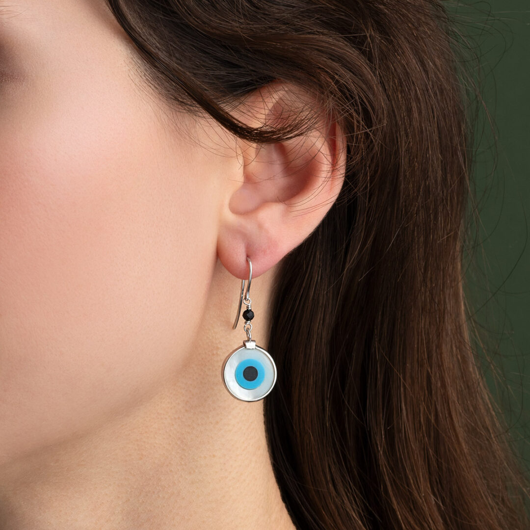Sterling Silver Hook Earrings with Mother of Pearl Evil Eye — Turquoise
