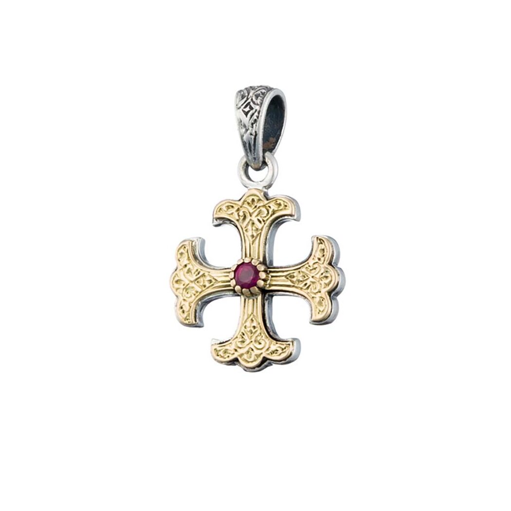 Gerochristo - Classic Cross in 18K Gold and Sterling Silver with ruby