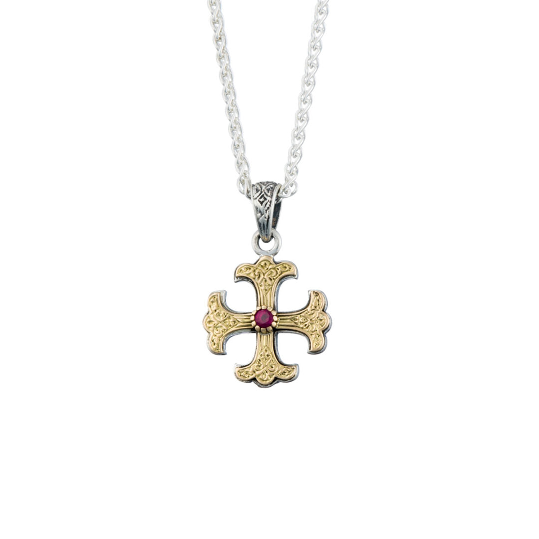 Gerochristo - Classic Cross in 18K Gold and Sterling Silver with ruby