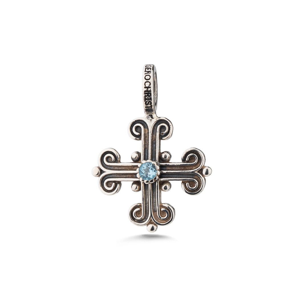 Gerochristo - Byzantine Cross Pendant in Sterling Silver with Blue Crystal