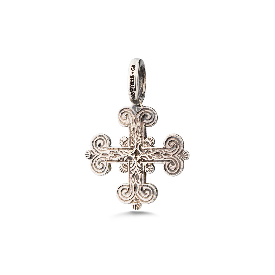 Gerochristo - Byzantine Cross Pendant in Sterling Silver with Blue Crystal
