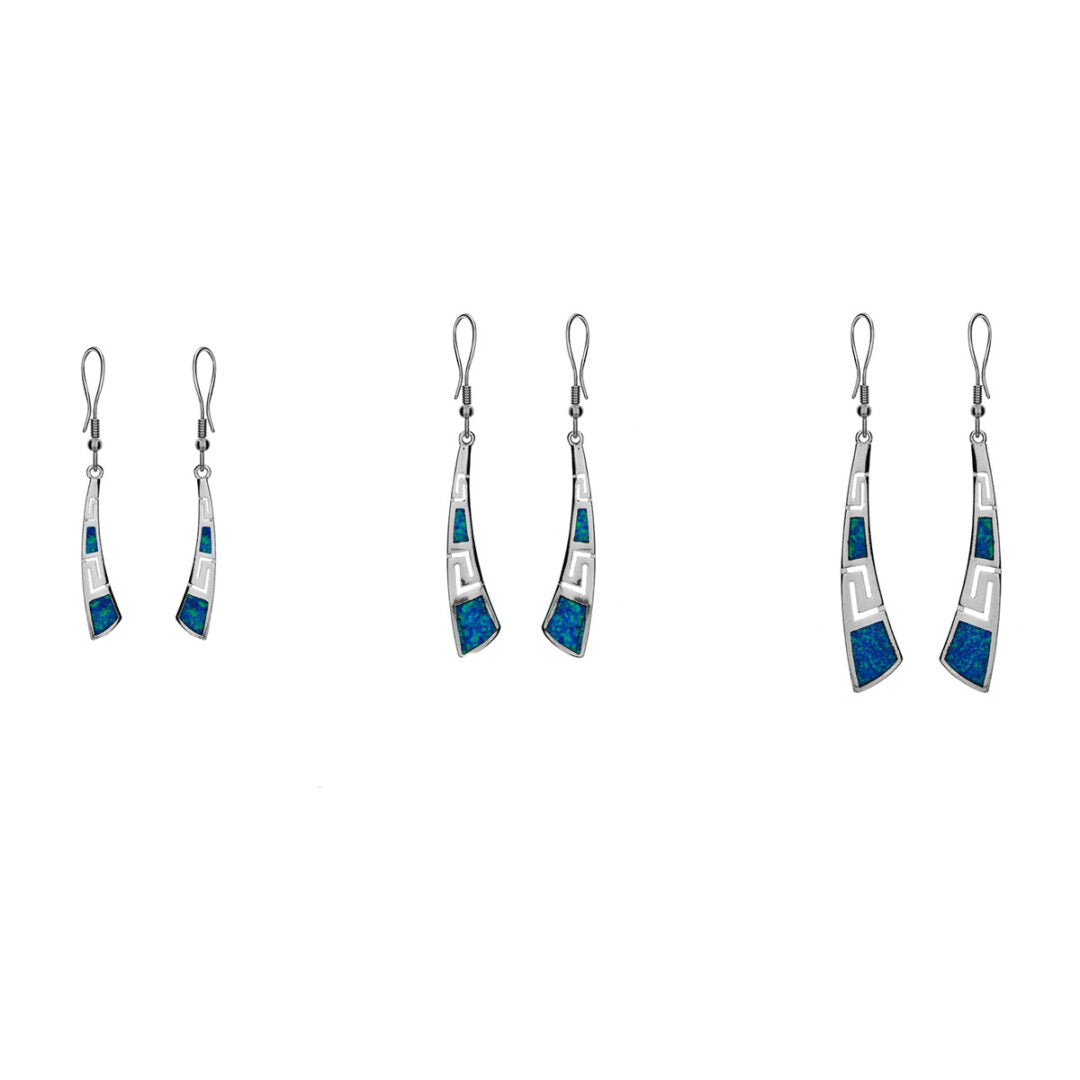Greek Key Curvy Silver Blue Opal Dangle Earrings