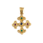 18K Solid Gold Filigree Cross Pendant with Gemstones