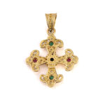 18K Solid Gold Filigree Cross Pendant with Gemstones