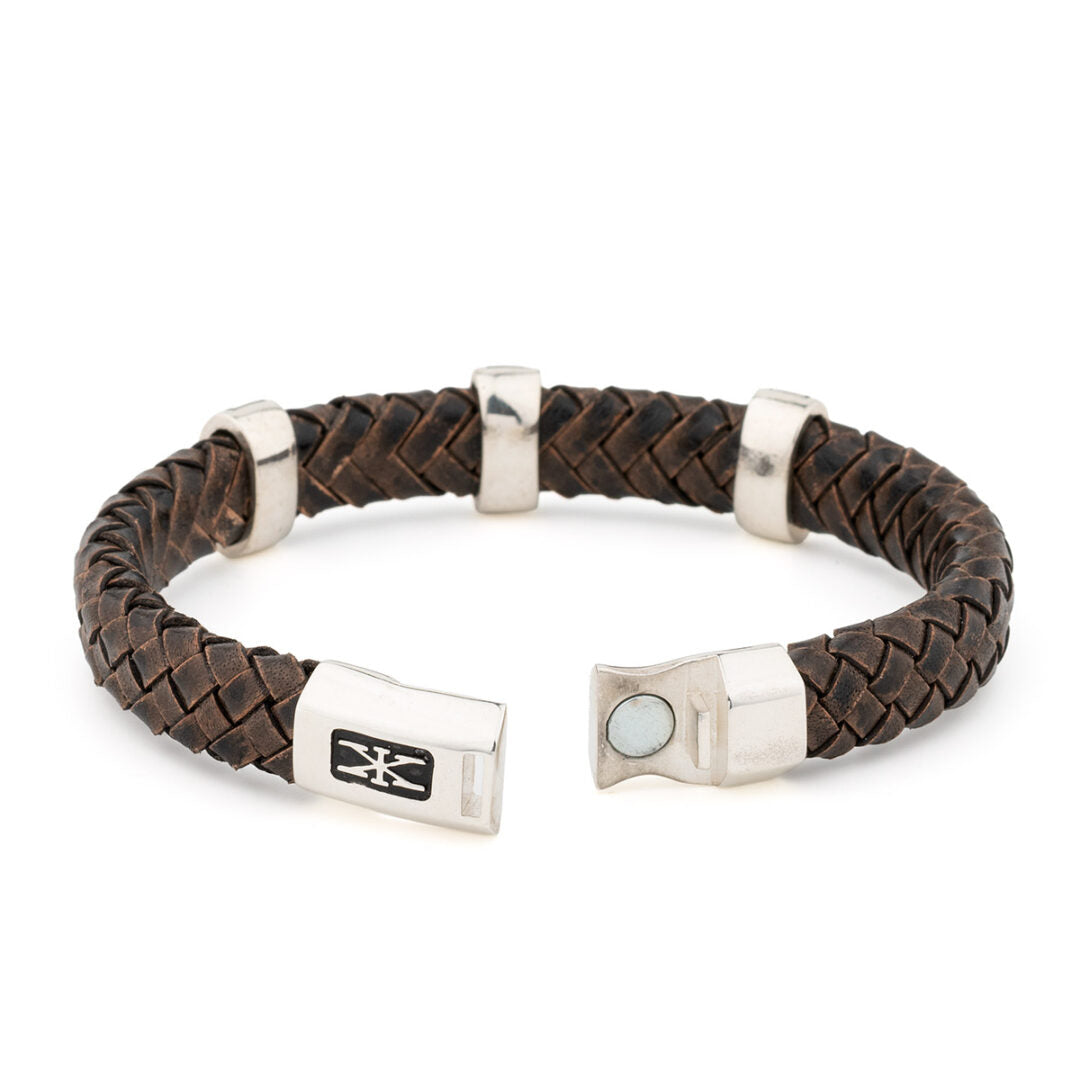 Sterling Silver Bracelet with Greek Key Motif - Genuine Leather — Brown