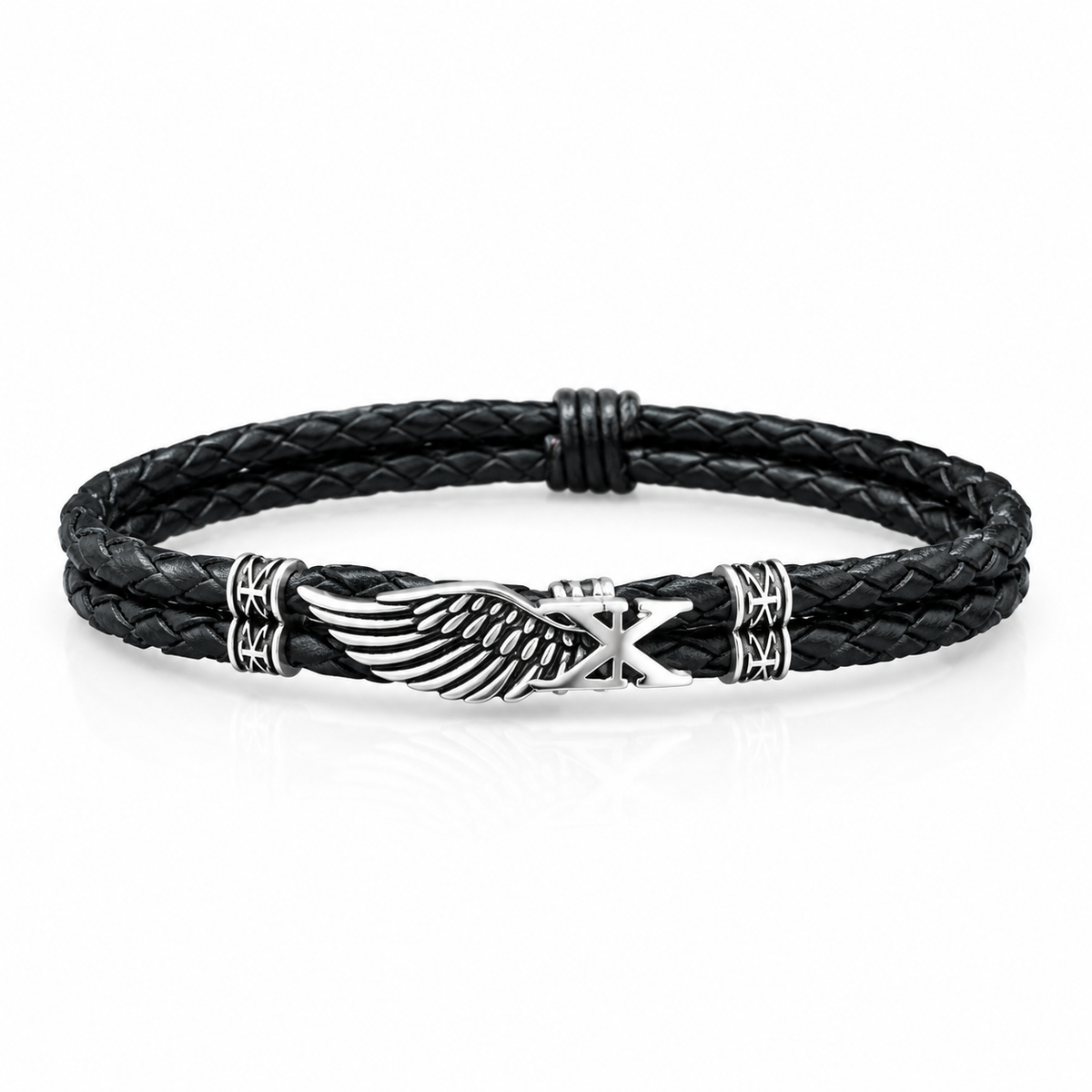 Sterling Silver Axion Wing Leather Bracelet — Black