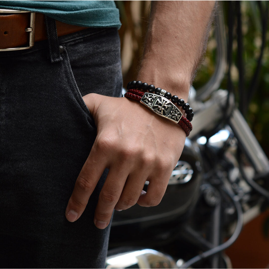 Fleur De Lis Cross Leather Bracelet – 925 Sterling Silver — Black