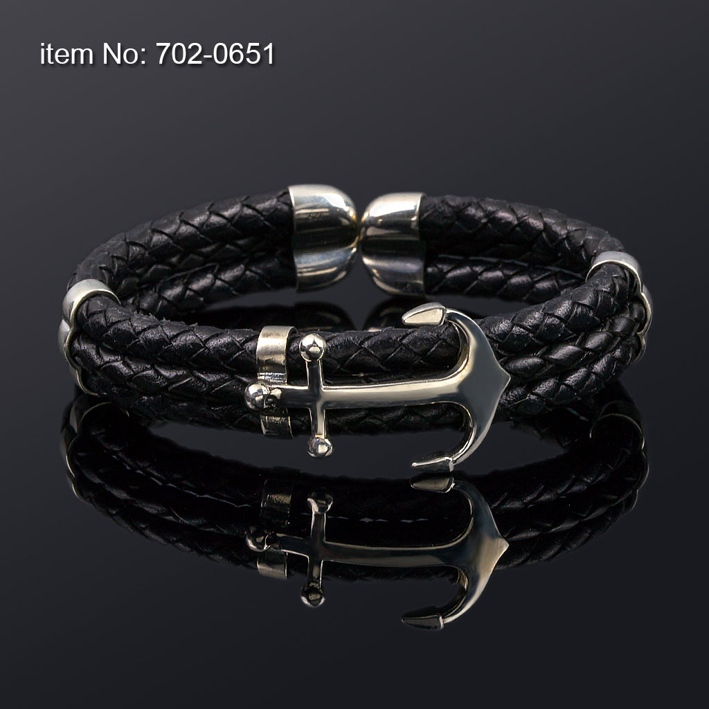 Sterling silver leather anchor bracelet — multicolor