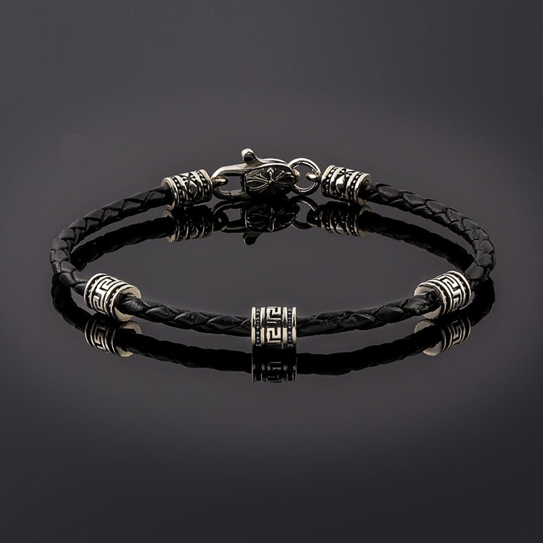 Bracelet with Meander Motif and Braided Genuine Leather