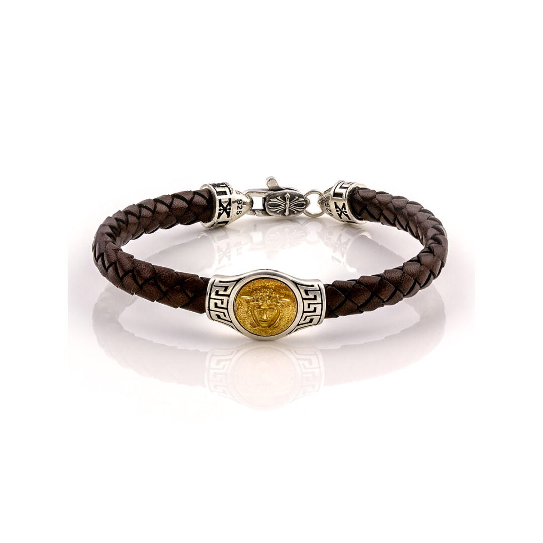 Medusa Leather Bracelet with Meander - 925 Sterling Silver
