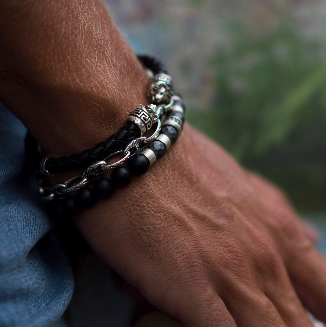 Sterling Silver Leather Lion Bracelet with Greek key — Brown