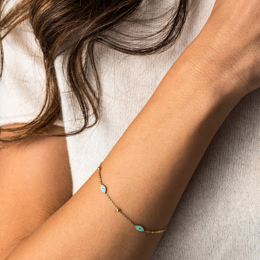 Evil Eyes Chain Bracelet - 14K Yellow Gold and Turquoise Enamel