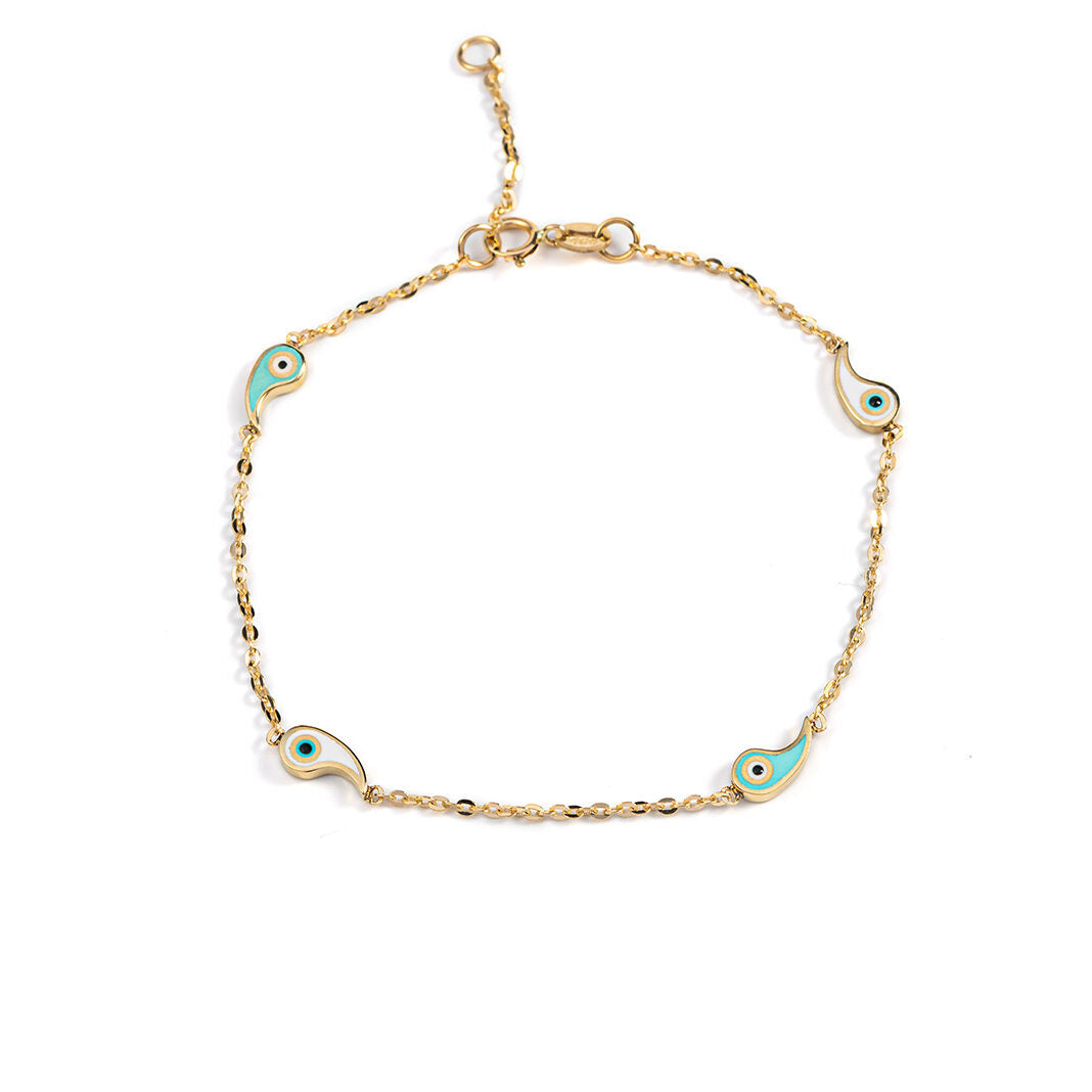 Evil Eyes Chain Bracelet - 14K Gold and Turquoise White Enamel