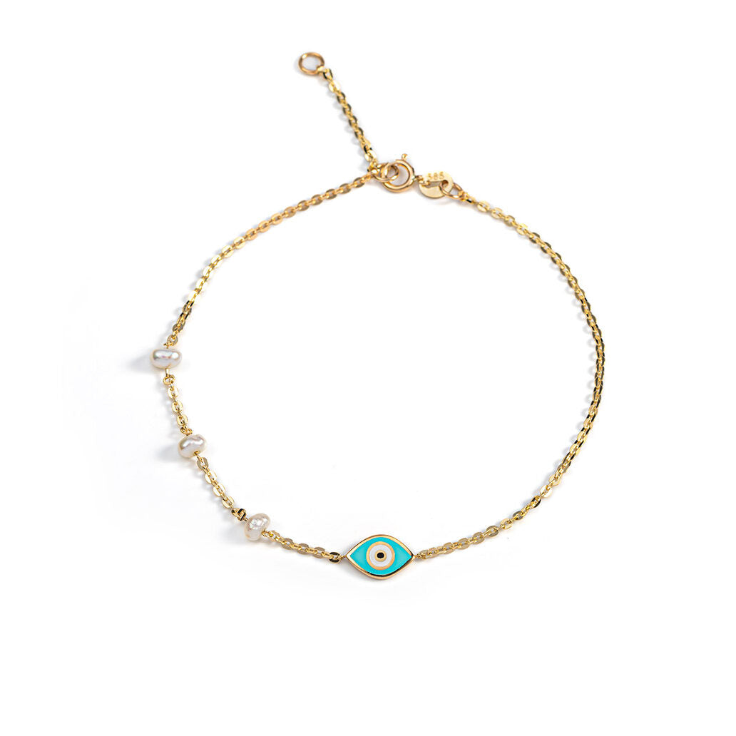 Evil Eye Chain Bracelet with Pearls - 14K Yellow Gold and Turquoise Enamel