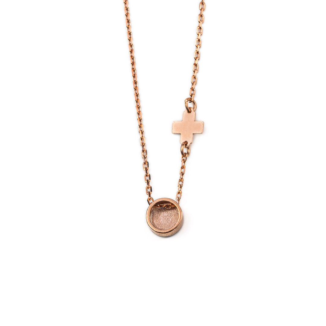 Black Round Eye Necklace with Cross - Sterling Silver and Rose Gold Plated