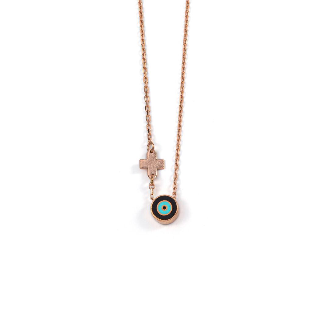 Black Round Eye Necklace with Cross - Sterling Silver and Rose Gold Plated