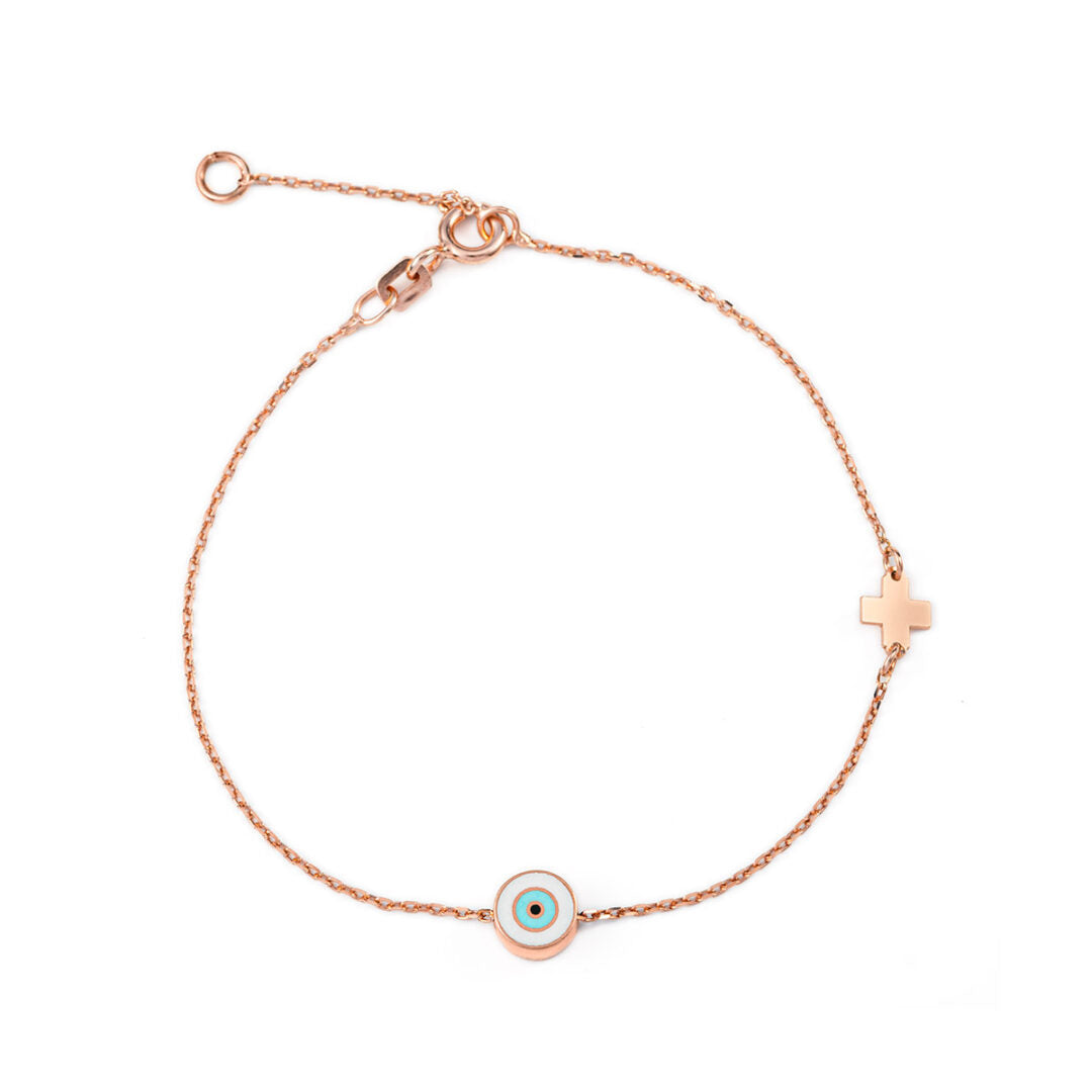 Round Evil Eye Bracelet with Cross - Sterling Silver and Rose Plated — White