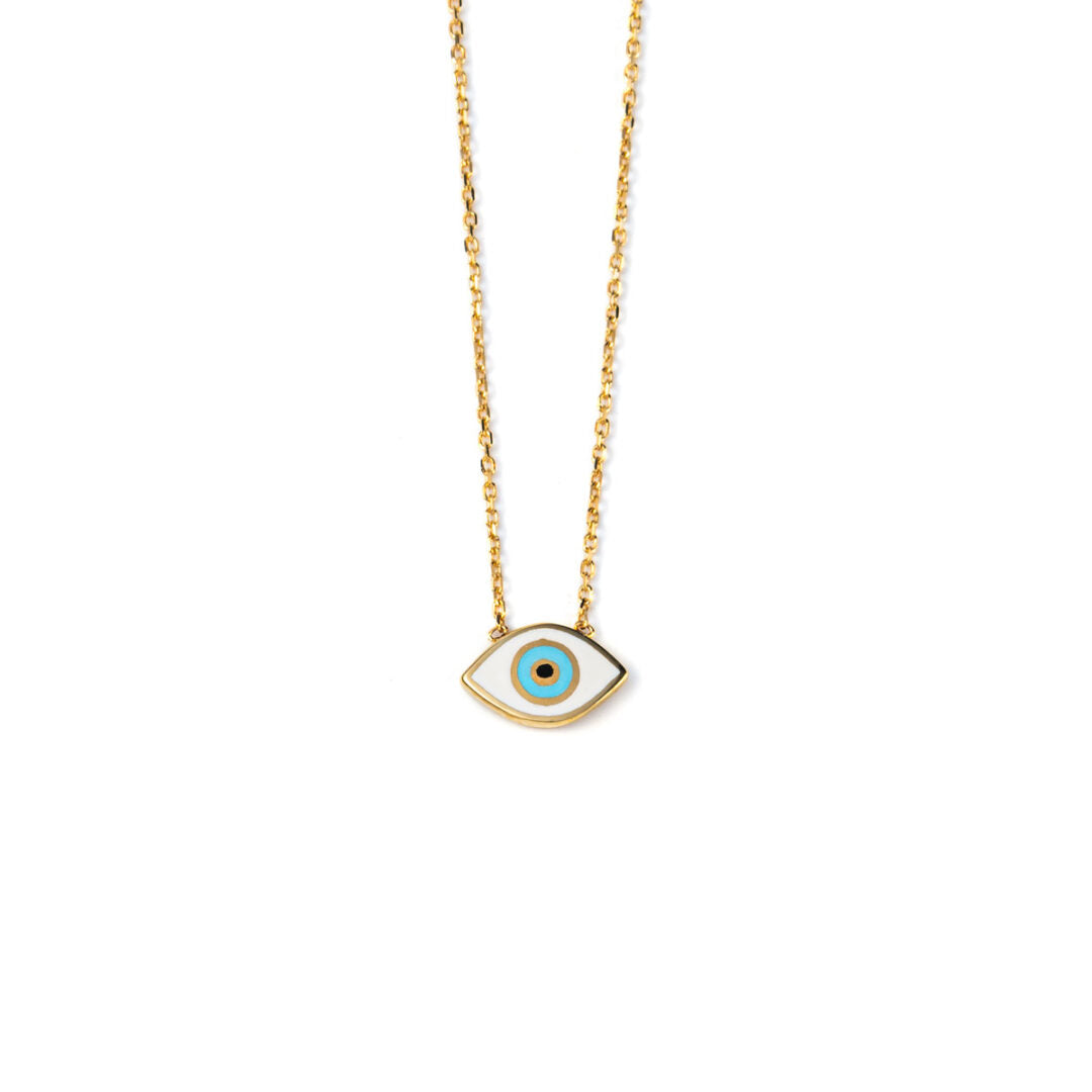 Evil Eye Necklace - 14K Gold with Turquoise Enamel — White