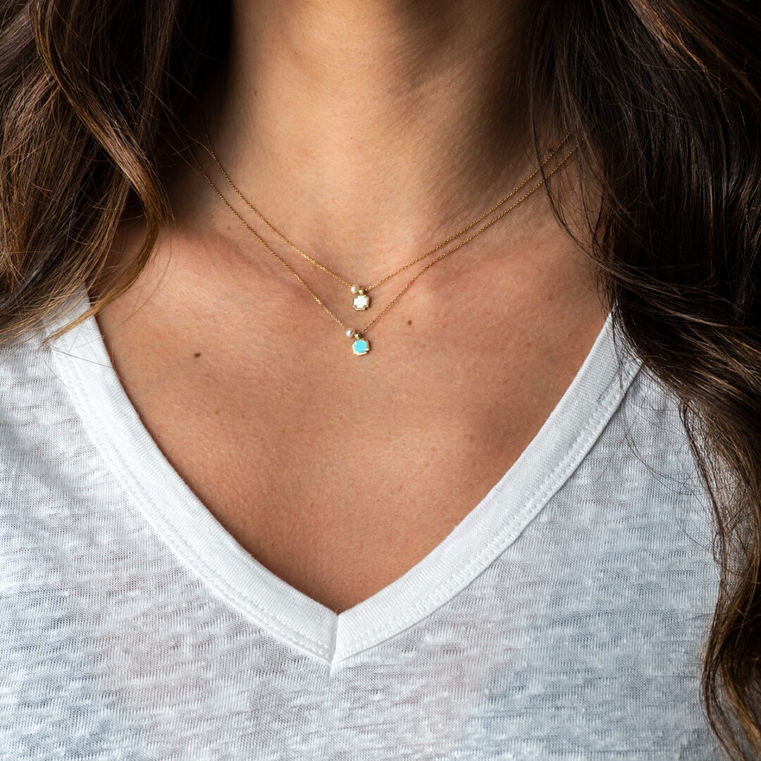 Cross Pearl Necklace - 14K Yellow Gold and Turquoise Enamel — White