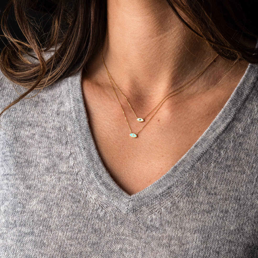 Evil Eye Necklace - 14K Yellow Gold with Turquoise Enamel