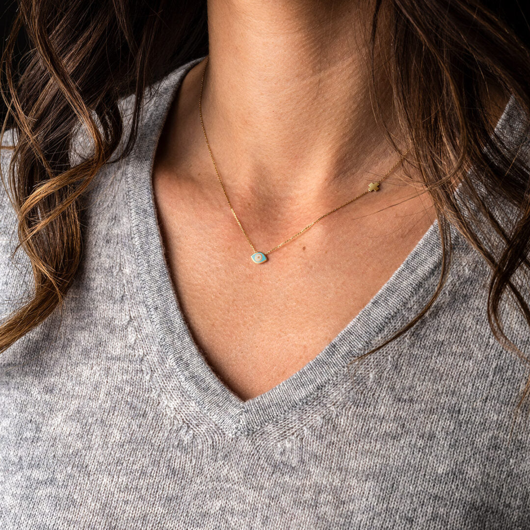 Evil Eye Necklace with Cross - 14K Yellow Gold with Enamel