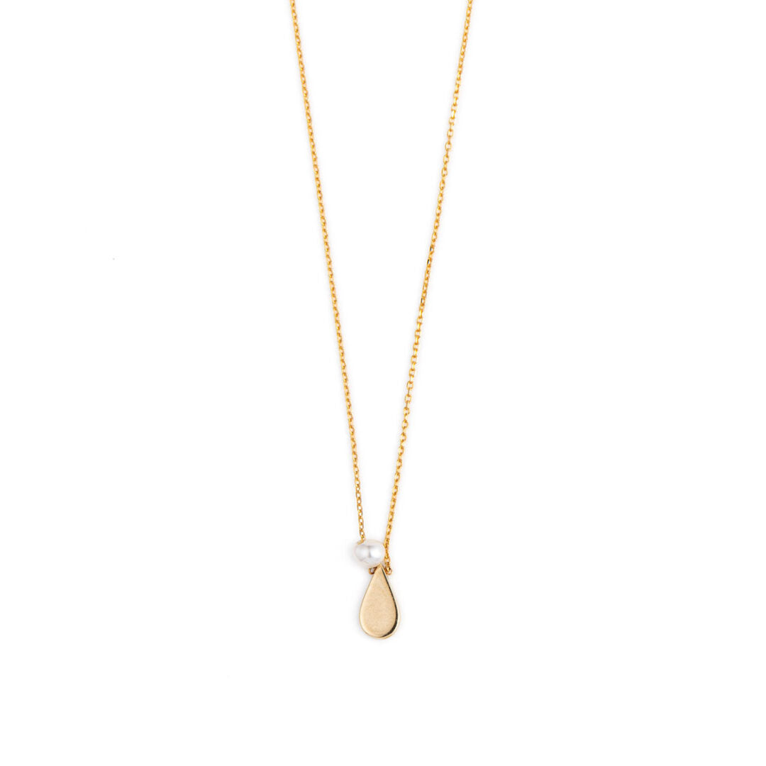 Evil Eye Tear Drop Necklace with Pearl – 14K Yellow Gold with Blue Enamel — White