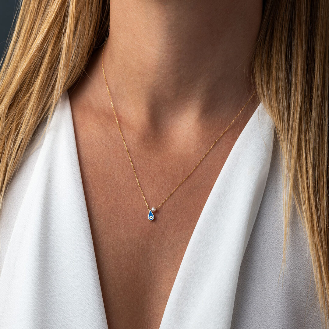 Evil Eye Tear Drop Necklace with Pearl – 14K Yellow Gold with Blue Enamel — White