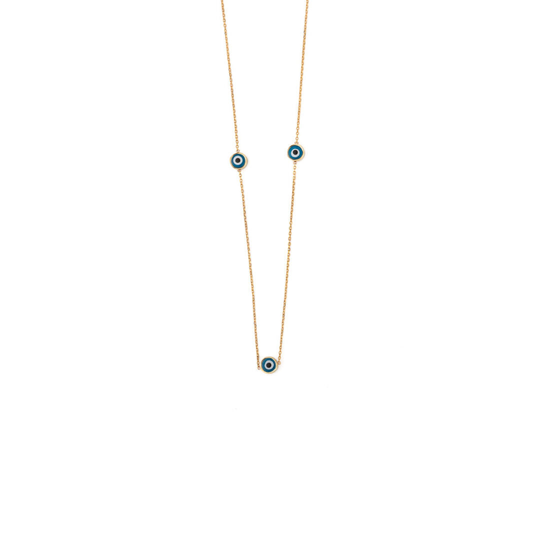 Blue Evil Eyes Necklace- 14K Gold — Blue