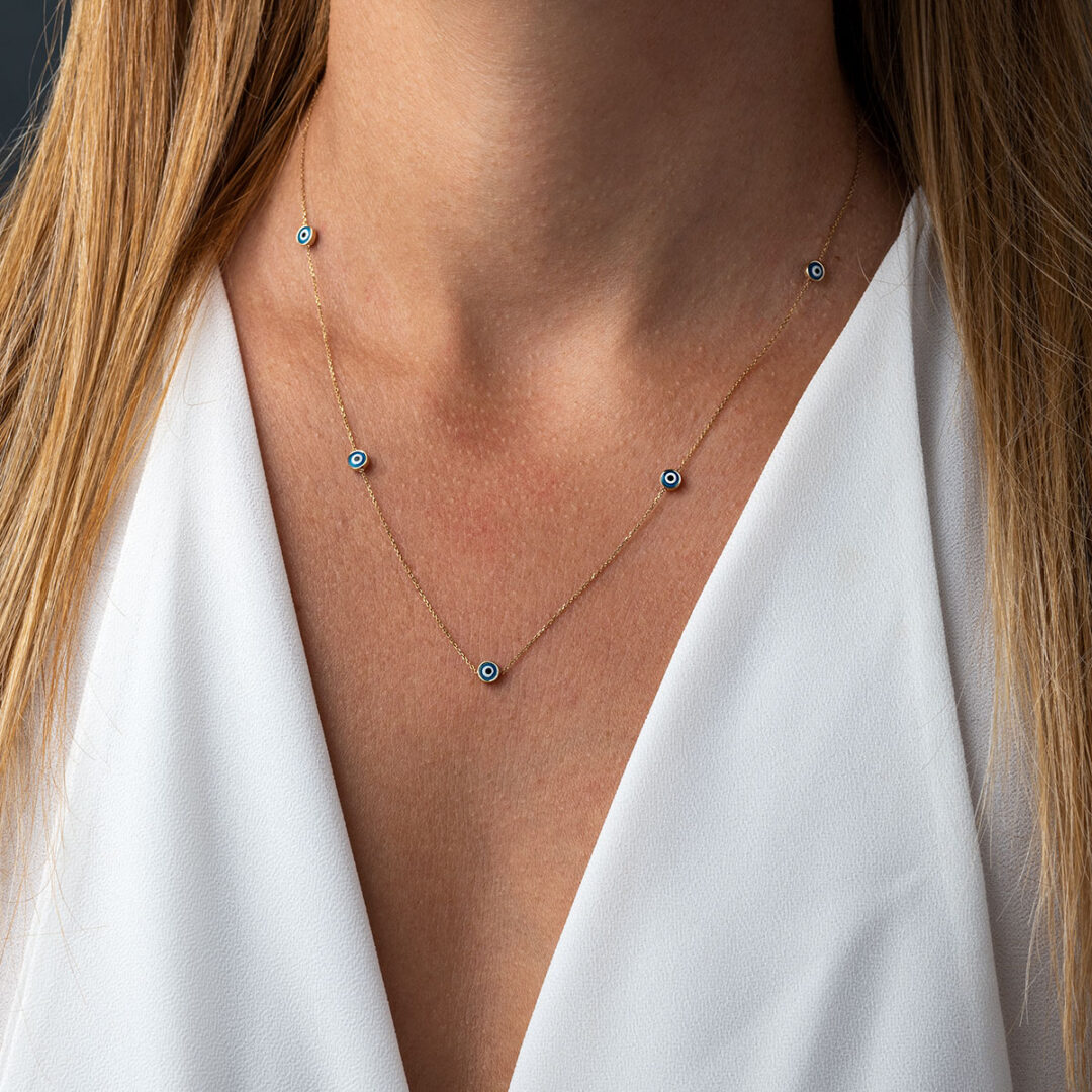 Blue Evil Eyes Necklace- 14K Gold — Blue
