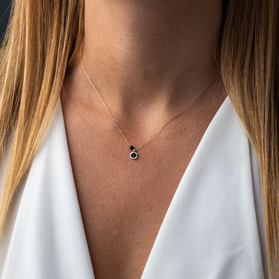 Black Enamel Cross Necklace – 14K Gold