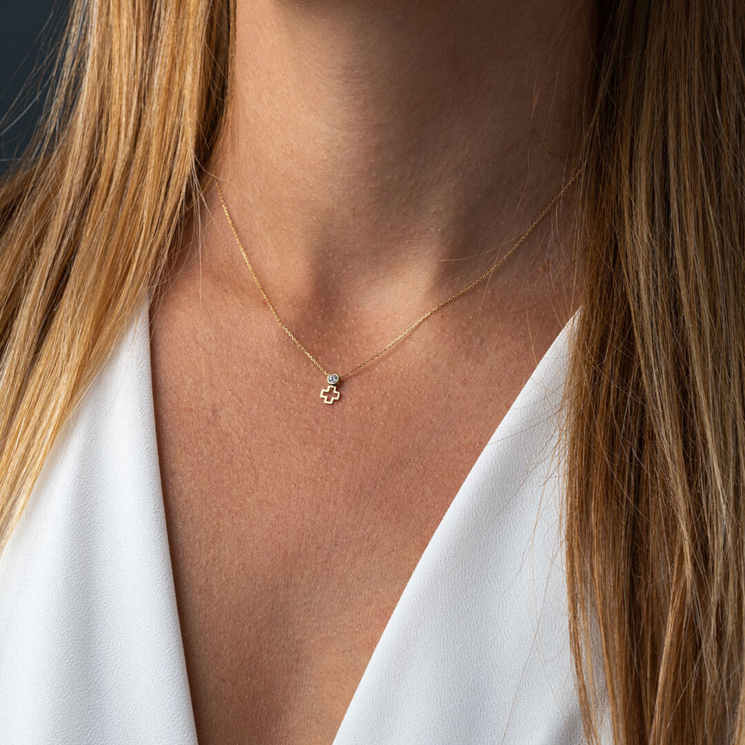 Open Cross Necklace with Zircon – 14K Gold